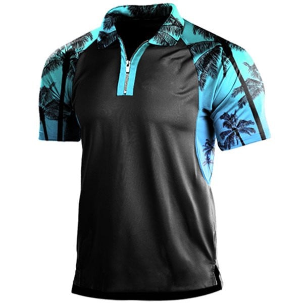 Men's Hawaiian Beach Style Print Panel Zip Polo Shirt