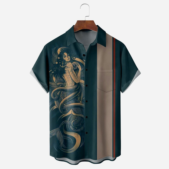 Mermaid And Sailboat Chest Pocket Short Sleeve Shirt