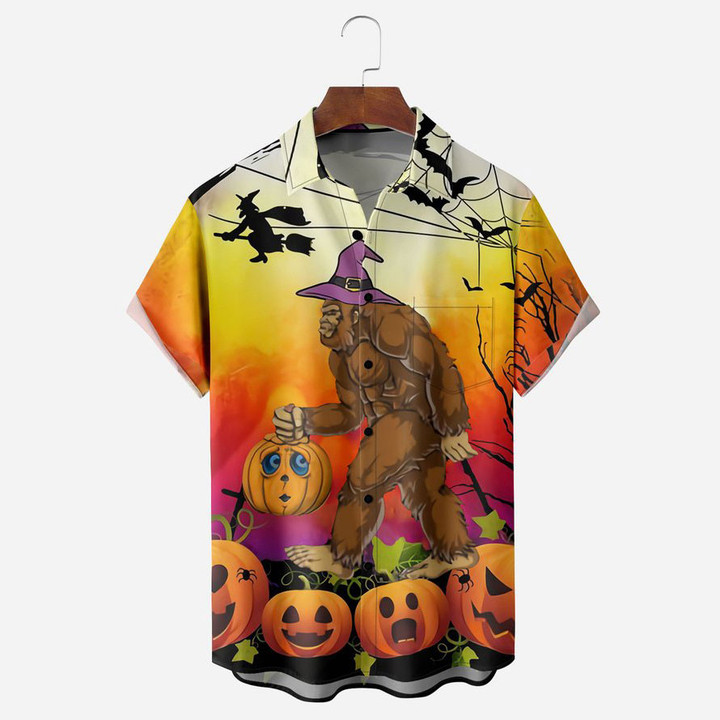 Halloween Bigfoot Chest Pocket Short Sleeve Casual Shirt