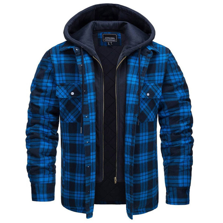 Men's Zip Plaid Flannel Shirts With Detachable Hood Quilted