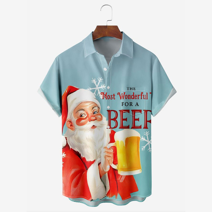 Santa Beer Chest Pocket Short Sleeve Casual Shirt