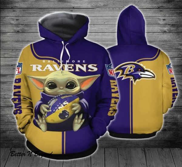 Baltimore Ravens Baby Yoda 3D Hoodie All Over Print Unique Baltimore Ravens Gifts