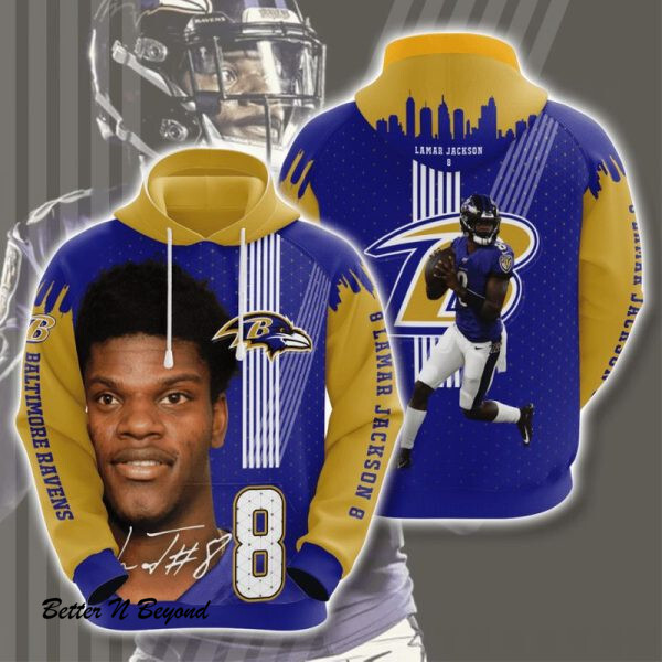 Baltimore Ravens Lamar Jackson No8 Sweatshirt 3D Hoodie All Over Print