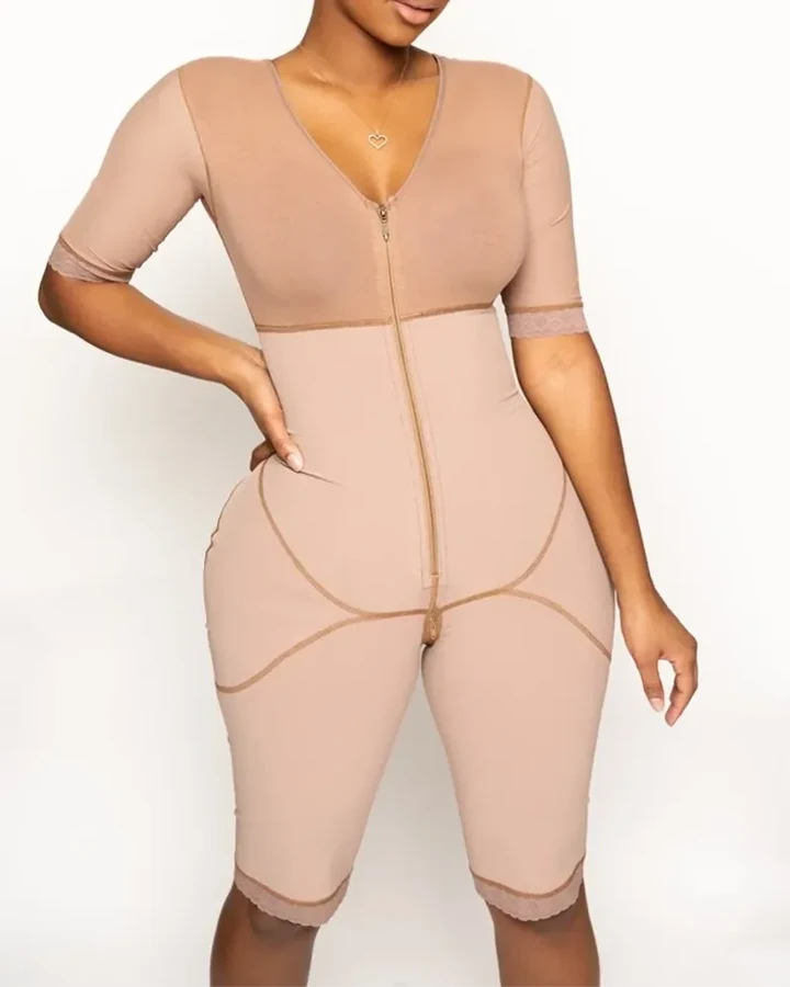 Full Body Zipper Bodysuit With Sleeves One-Piece Postpartum Shapewear For Women Chest Support Hip Shaping Tummy Control Bodysuit