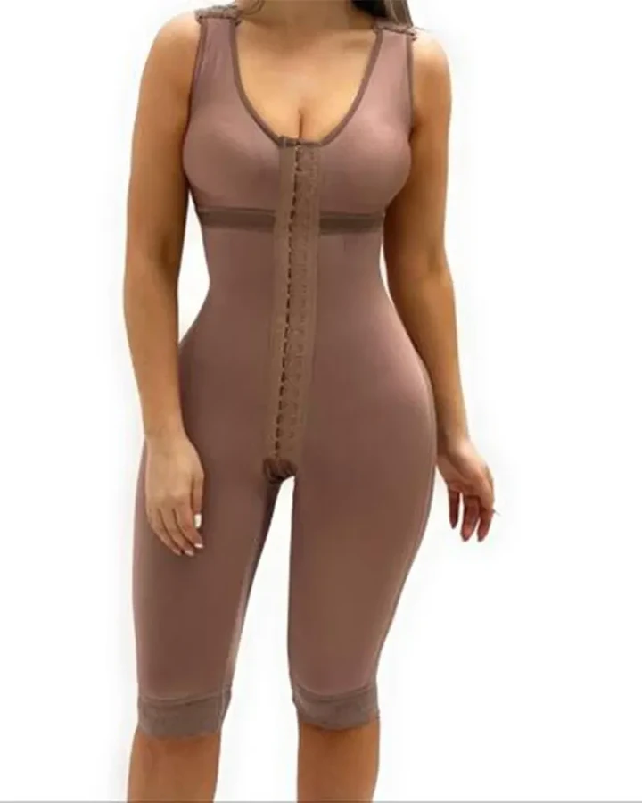 v Neck Sleeveless Knee Length Shapewear With Bra And Wide Shoulder Straps Butt-Lifting Bodysuit For Women