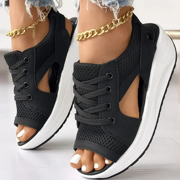 Contrast Paneled Cutout Lace-up Muffin Sandals