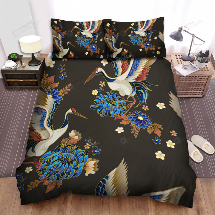 The Wild Animal - The Red Crowned Crane And The Blue Flowers Bed Sheets Spread Duvet Cover Bedding Sets