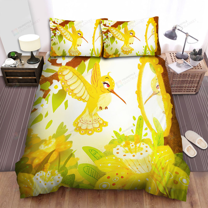 The Wildlife - The Yellow Hummingbird Looking At The Mirror Bed Sheets Spread Duvet Cover Bedding Sets
