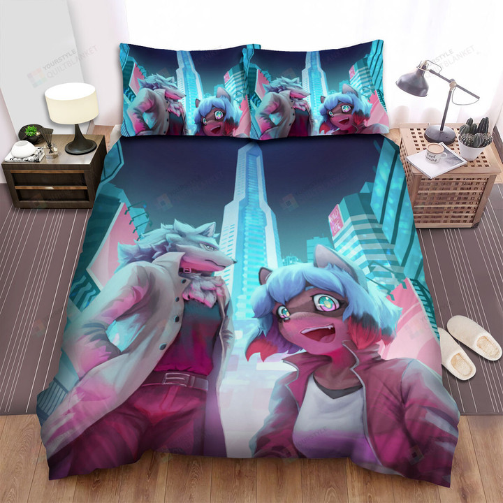 Bna: Brand New Animal Michiru & Shirou In Neon City Illustration Bed Sheets Spread Duvet Cover Bedding Sets
