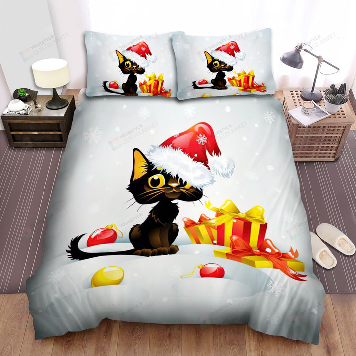 The Christmas Art - Yule Cat Wearing Red Hat Bed Sheets Spread Duvet Cover Bedding Sets