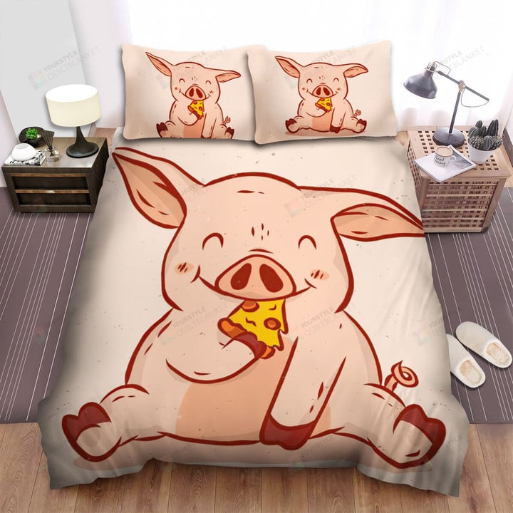 The Cute Animal - The Pig Eating Pizza Bed Sheets Spread Duvet Cover Bedding Sets