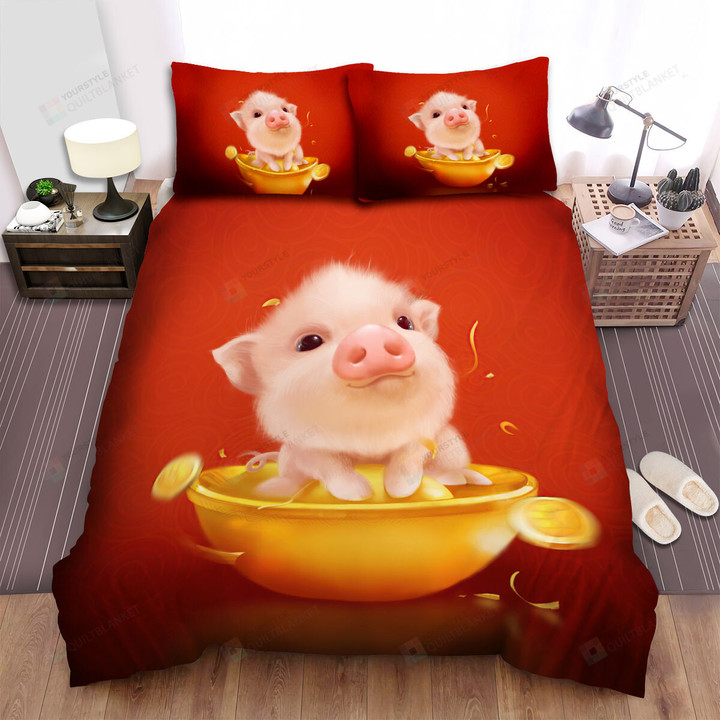 The Pig Sitting On Gold Bed Sheets Spread Duvet Cover Bedding Sets