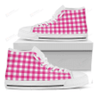 Hot Pink And White Buffalo Check Print White High Top Shoes For Men And Women