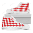 Red And White Harlequin Pattern Print White High Top Shoes For Men And Women