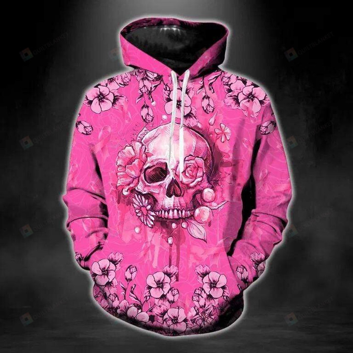 Skull Breast Cancer Warrior Pink Flower 3D All Print Hoodie, Zip- Up Hoodie