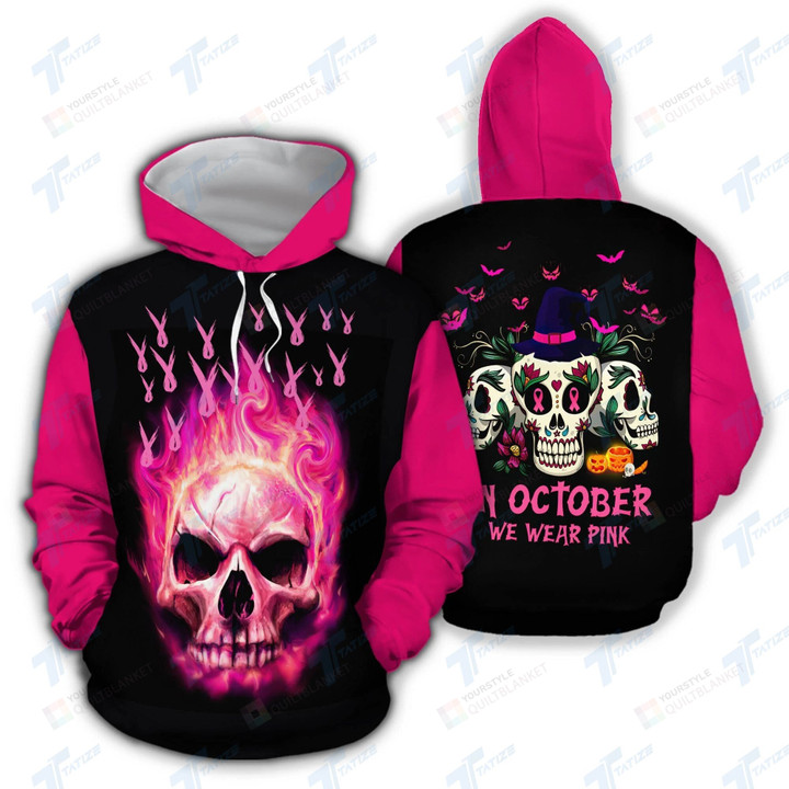 Breast Cancer Skull In October We Wear Pink 3D All Print Hoodie, Zip- Up Hoodie