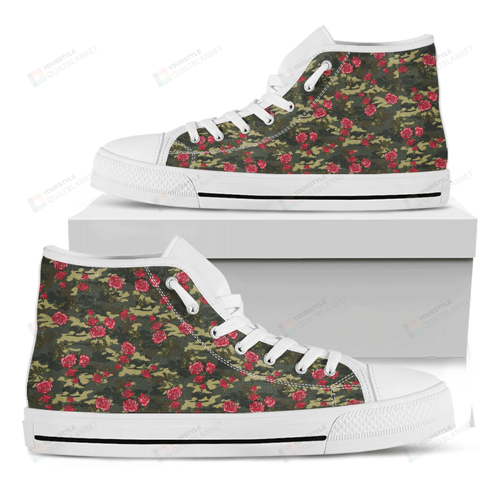 Red Rose Flower Camouflage Print White High Top Shoes For Men And Women