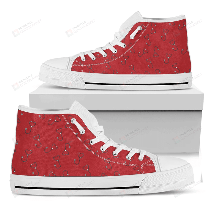 Red Stethoscope Pattern Print White High Top Shoes For Men And Women