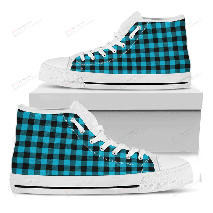 Turquoise And Black Buffalo Check Print White High Top Shoes For Men And Women
