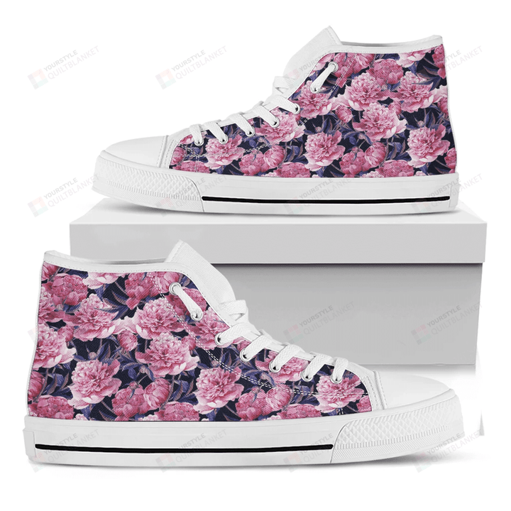 Vintage Pink Peony Floral Print White High Top Shoes For Men And Women