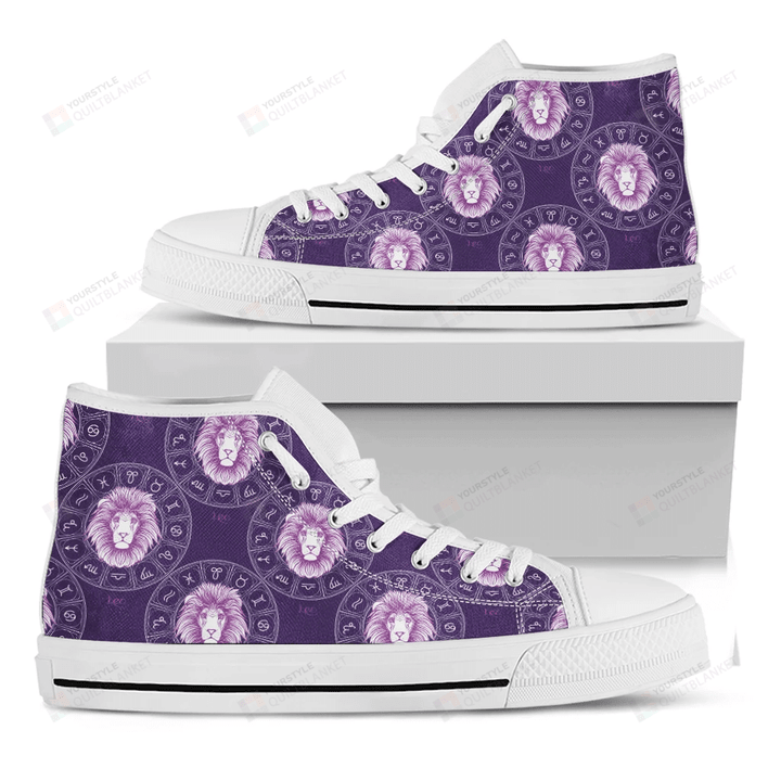 Purple Leo Zodiac Pattern Print White High Top Shoes For Men And Women