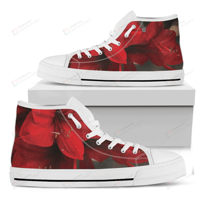 Red Amaryllis Print White High Top Shoes For Men And Women