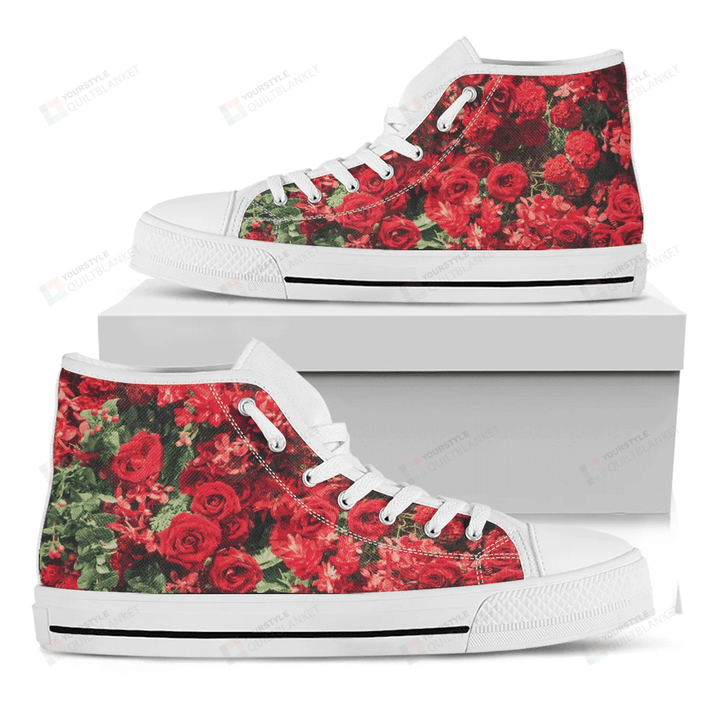Red Rose Flower Print White High Top Shoes For Men And Women