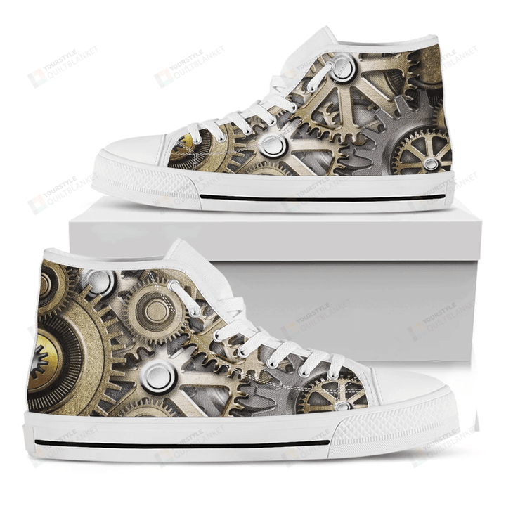 Steampunk Metallic Gears Print White High Top Shoes For Men And Women