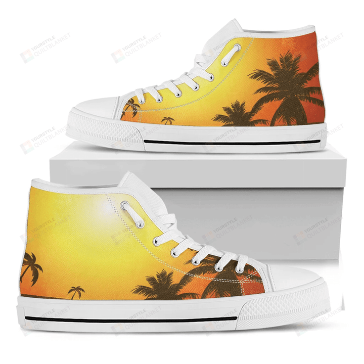 Tropical Beach Sunset Print White High Top Shoes For Men And Women