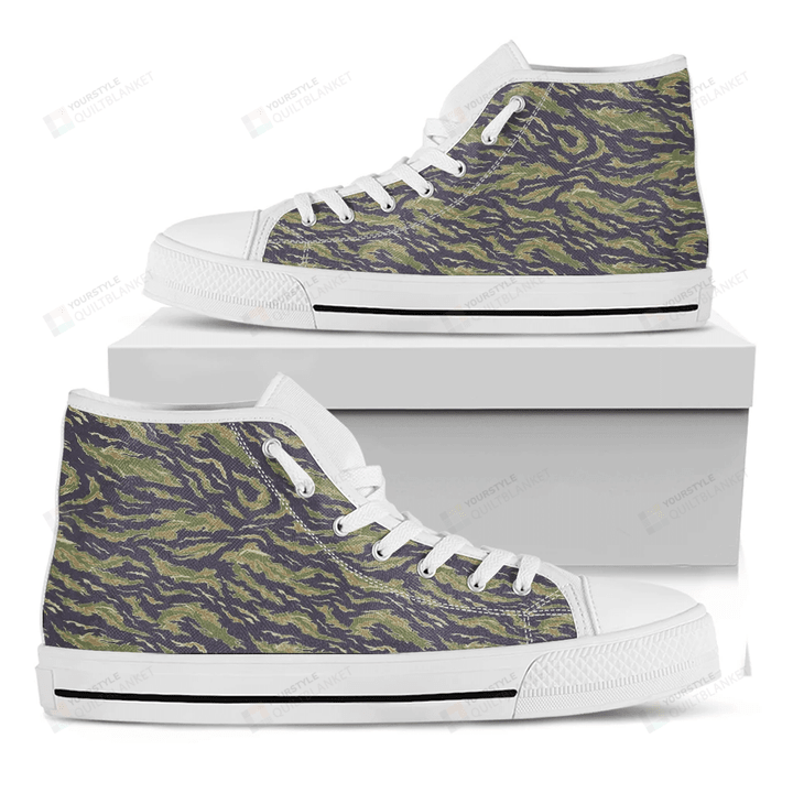 Military Tiger Stripe Camouflage Print White High Top Shoes For Men And Women