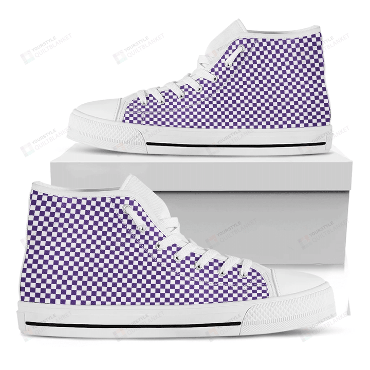 Purple And White Checkered Pattern Print White High Top Shoes For Men And Women