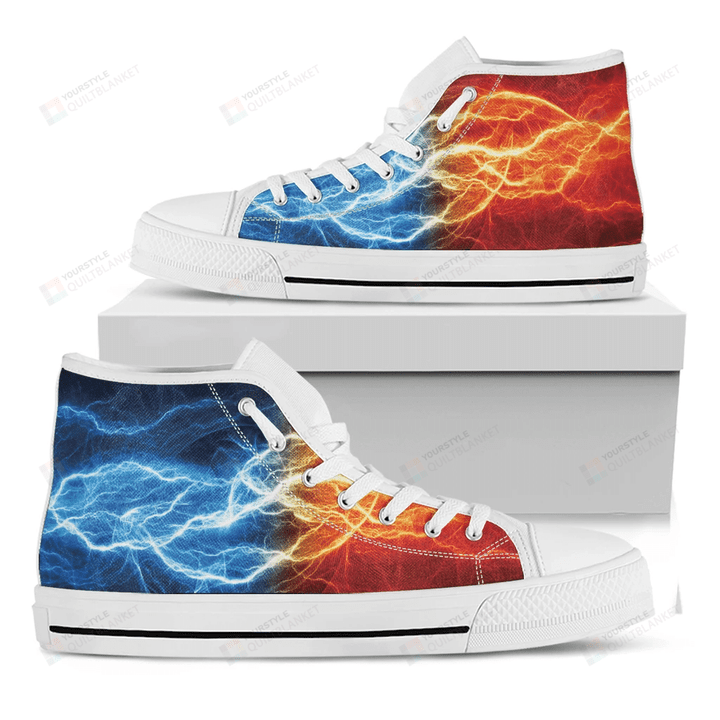 Red And Blue Lightning Print White High Top Shoes For Men And Women