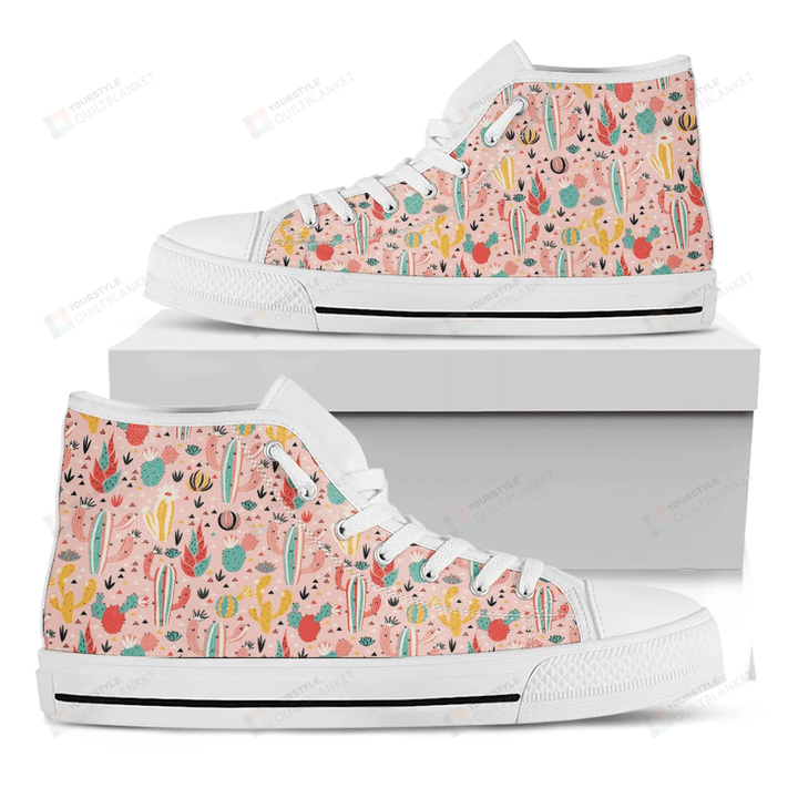 Pastel Cactus And Succulent Print White High Top Shoes For Men And Women