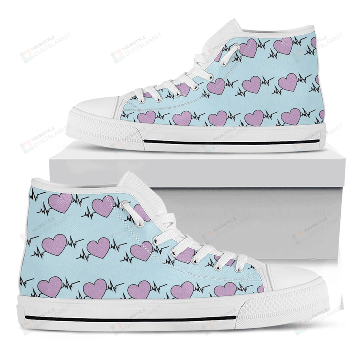 Pink Heartbeat Pattern Print White High Top Shoes For Men And Women