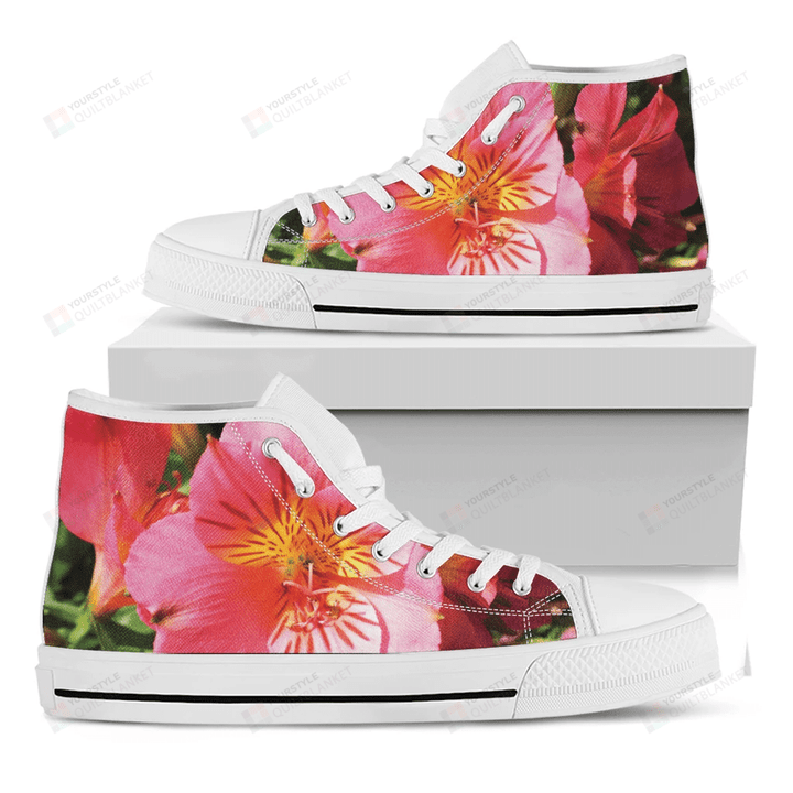 Pink Alstroemeria Print White High Top Shoes For Men And Women