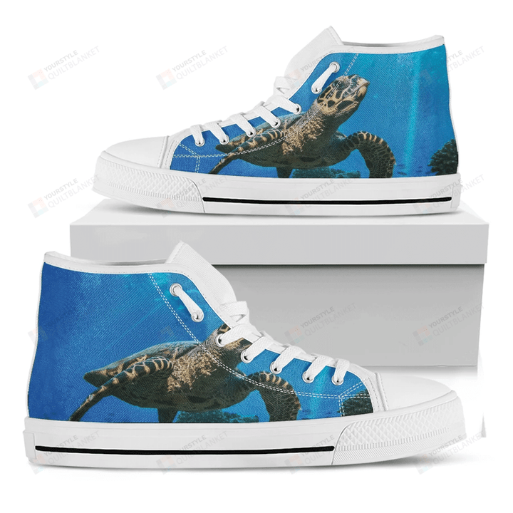Sea Turtle Underwater Print White High Top Shoes For Men And Women