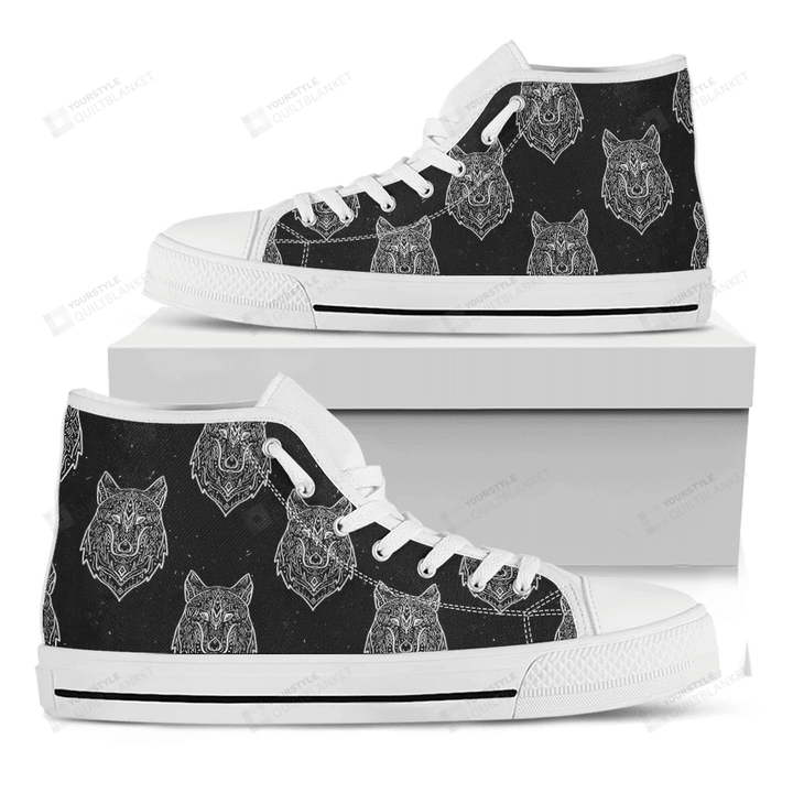 Native Tribal Wolf Pattern Print White High Top Shoes For Men And Women