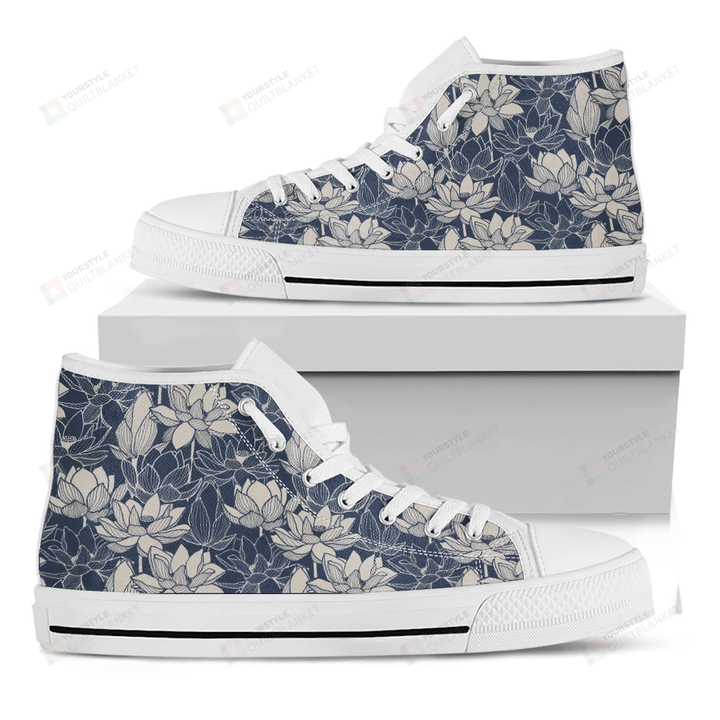 White And Blue Lotus Flower Print White High Top Shoes For Men And Women