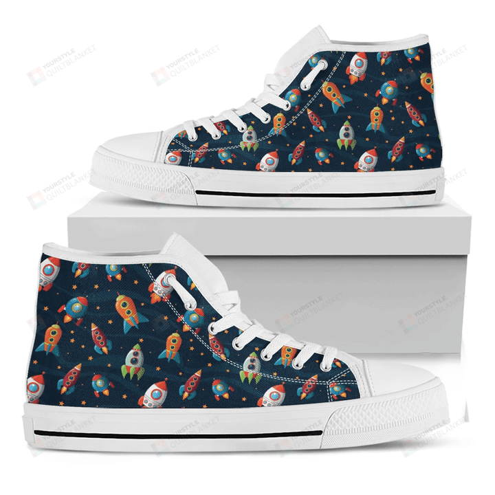 Rockets And Stars Pattern Print White High Top Shoes For Men And Women