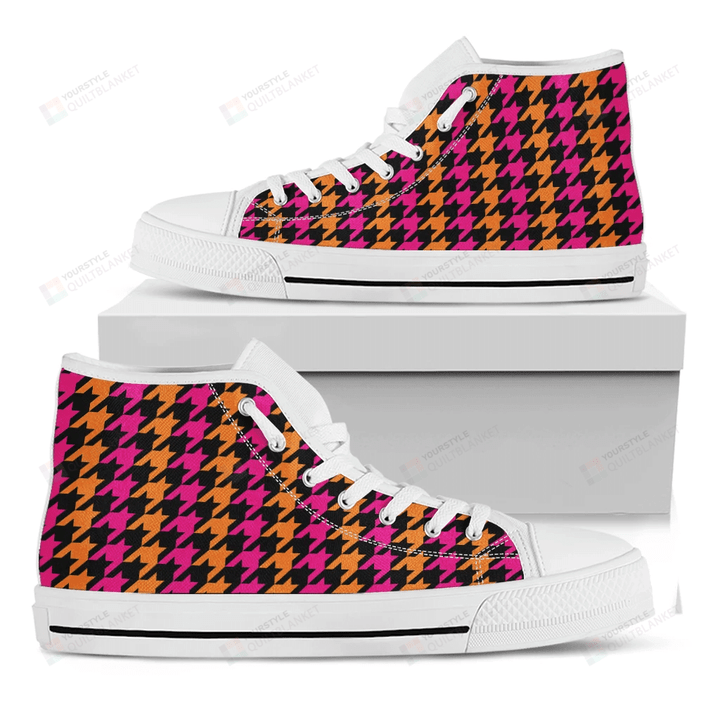 Orange Pink And Black Houndstooth Print White High Top Shoes For Men And Women