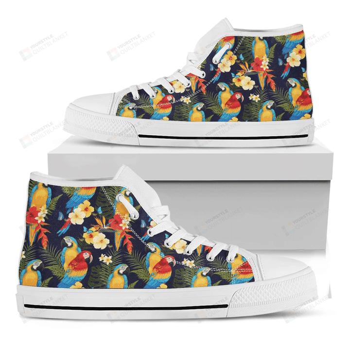 Parrot And Flower Pattern Print White High Top Shoes For Men And Women