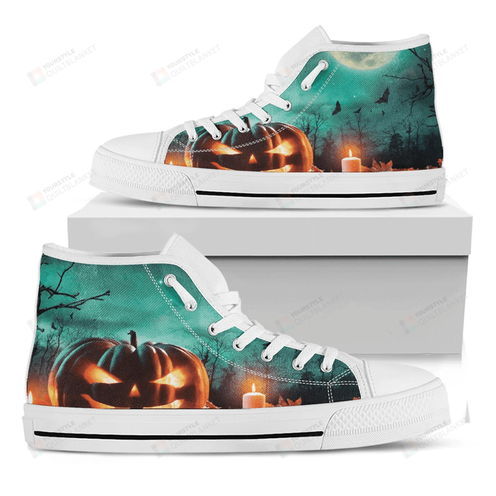 Scary Halloween Pumpkin Print White High Top Shoes For Men And Women
