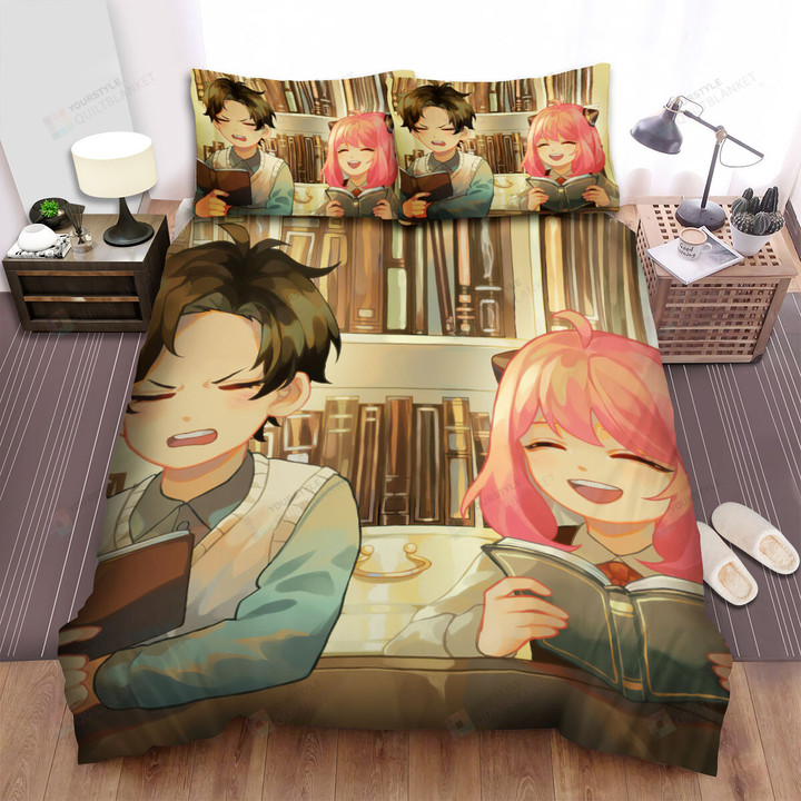 Spy X Family Damian & Anya In Library Artwork Bed Sheets Spread Duvet Cover Bedding Sets