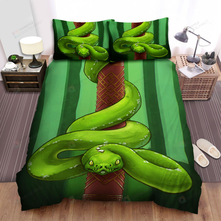 The Wildlife - The Green Snake Around The Red Column Bed Sheets Spread Duvet Cover Bedding Sets