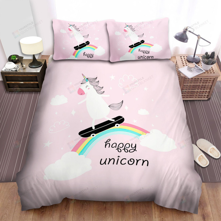 The Mystic Animal - The Happy Unicorn On A Skatingboard Bed Sheets Spread Duvet Cover Bedding Sets
