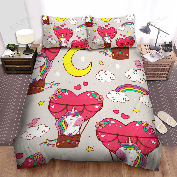 The Fantastic Animal - The White Unicorn Flying On The Hot Air Balloon Bed Sheets Spread Duvet Cover Bedding Sets