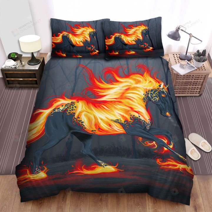 The Wild Animal - The Fire Black Horse Running Toward Art Bed Sheets Spread Duvet Cover Bedding Sets
