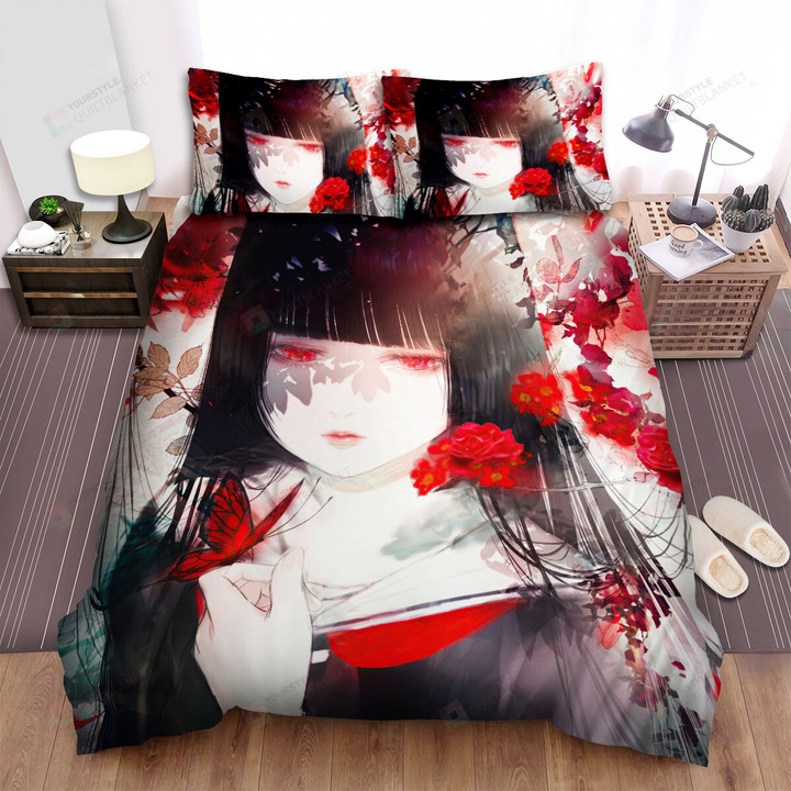 Hell Girl Ai Enma & Red Butterfly & Red Flowers Artwork Bed Sheets Spread Duvet Cover Bedding Sets