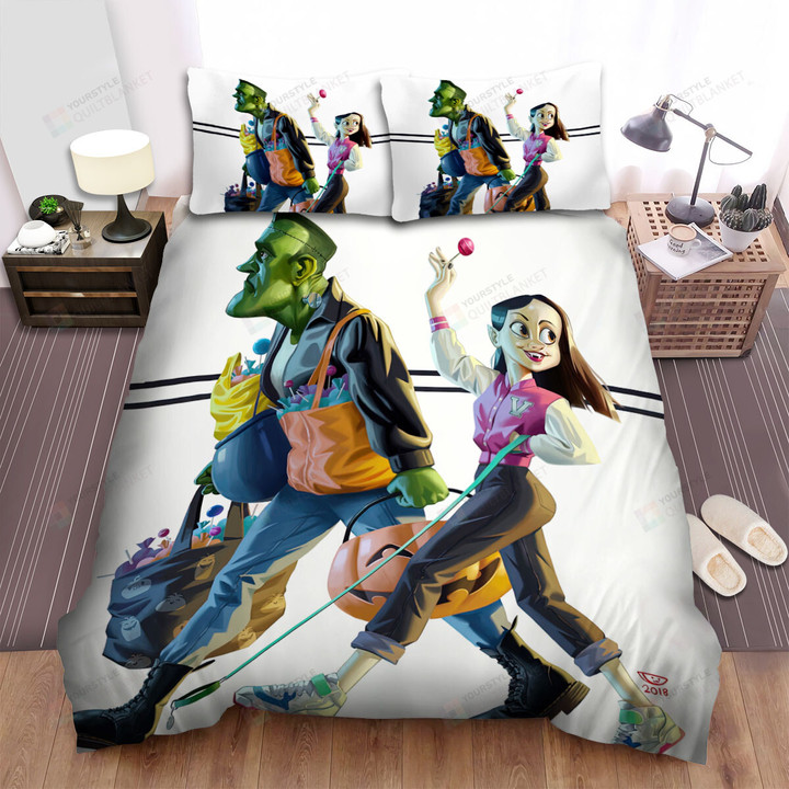 Halloween Frankenstein With His Girl Friend Trick Or Treat Bed Sheets Spread Duvet Cover Bedding Sets
