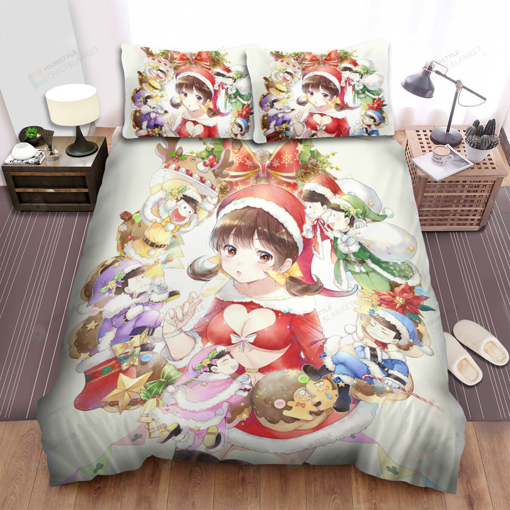 Mr. Osomatsu Totoko Yowai & The Sextuplets Chibi On Christmas Eve Bed Sheets Spread Duvet Cover Bedding Sets